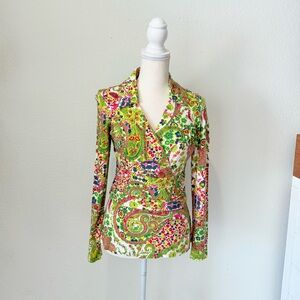 Etcetera Pink and Green Wrap Shirt with Notched Collar